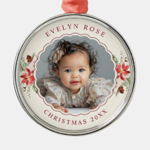 Vintage Christmas Poinsettia Family Photo Metal Ornament