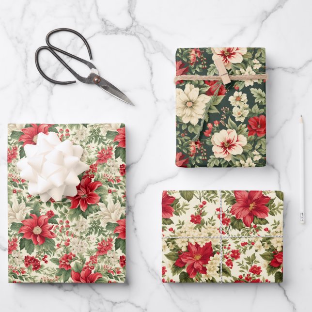 Vintage Christmas Poinsettia Wrapping Paper Sheet (Front)