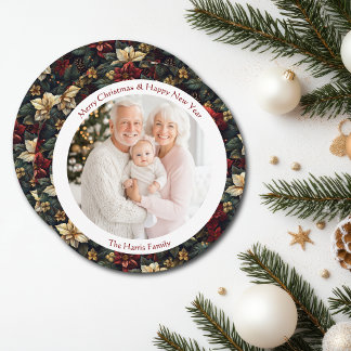 Vintage Christmas Poinsettias Round Chrisma Card