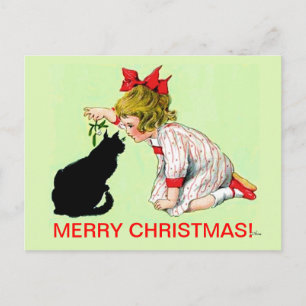 VINTAGE CHRISTMAS POSTCARD, GIRL W CAT HOLIDAY POSTCARD
