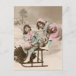 Vintage Christmas postcard-girls on sled Holiday Postcard
