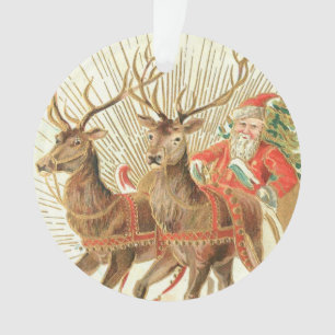 VIntage Christmas Postcard, Santa with Reindeer Ornament