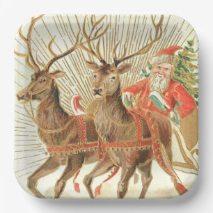 VIntage Christmas Postcard, Santa with Reindeer Paper Plate