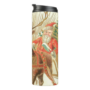 VIntage Christmas Postcard, Santa with Reindeer Thermal Tumbler