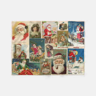 Vintage Christmas Postcards Santa Claus Add Name Fleece Blanket