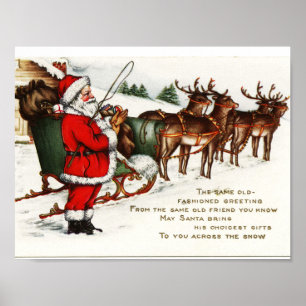 Vintage Christmas Poster -- Santa and Reindeer
