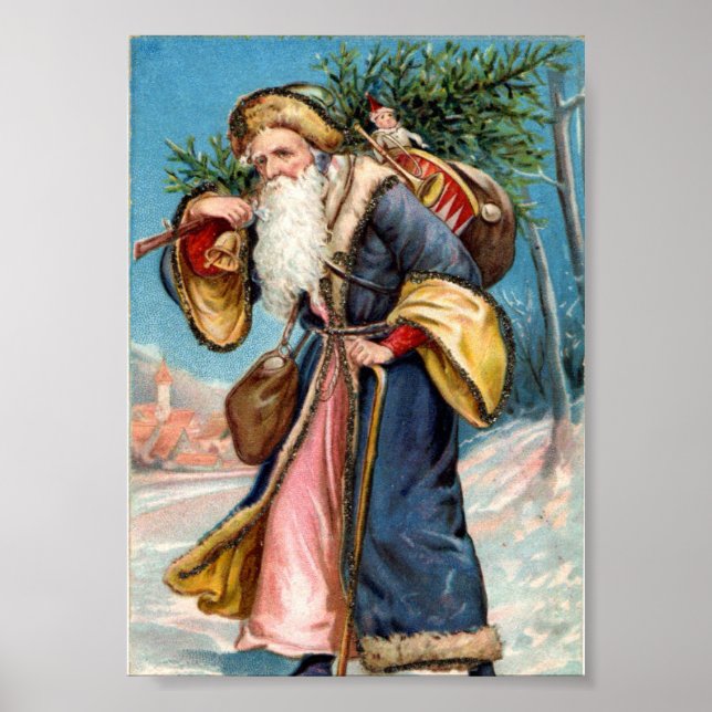 Vintage Christmas Poster | Santa carrying a Tree (Front)
