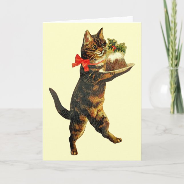 Vintage Christmas Pudding Cat Card (Front)