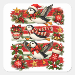 Vintage Christmas Puffin Festive Holiday Bird Square Sticker