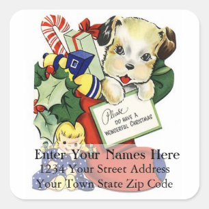 Vintage Christmas Puppy in Stocking Address Label