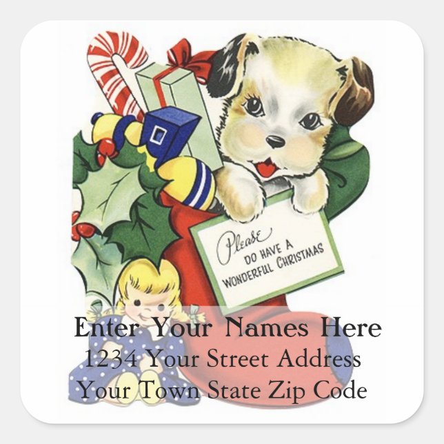 Vintage Christmas Puppy in Stocking Address Label (Front)