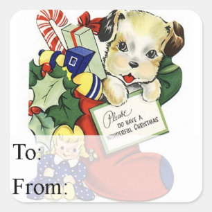 Vintage Christmas Puppy in Stocking Gift Tag