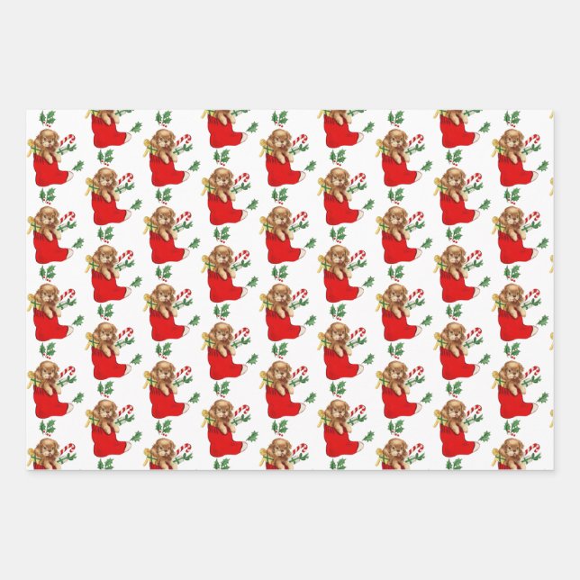 Vintage Christmas Puppy Wrapping Paper Sheet (Front)