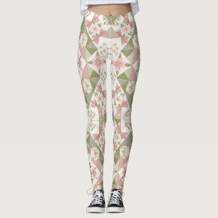 Vintage Christmas Quilt Floral Pattern Leggings