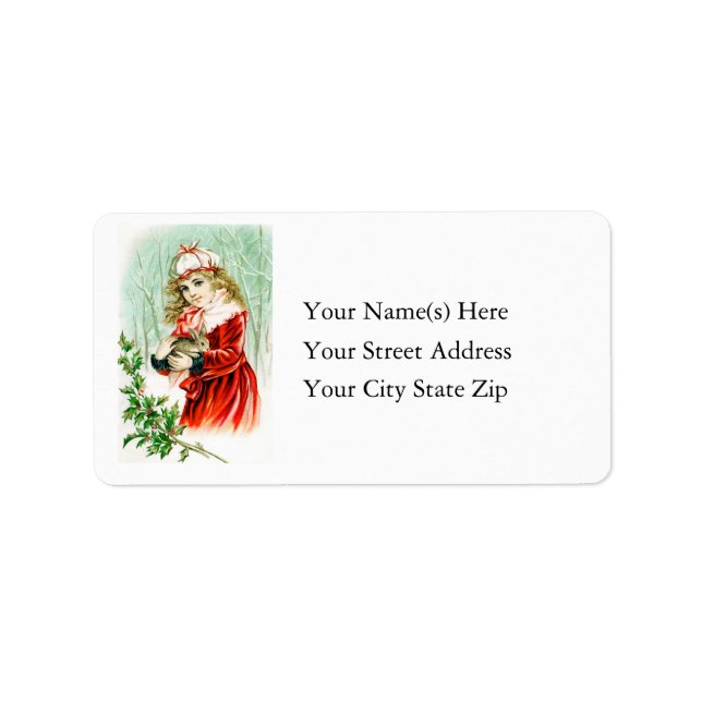 Vintage Christmas Rabbit & Girl Address Label (Front)
