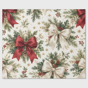 Vintage Christmas Red and White Bows Holly Floral Wrapping Paper