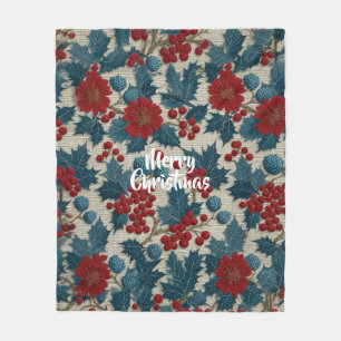 Vintage Christmas Red Berry Botanical Linen Fleece Blanket