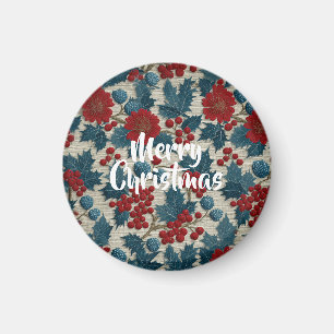 Vintage Christmas Red Berry Botanical Linen Magnet
