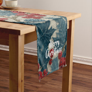 Vintage Christmas Red Berry Botanical Linen Short Table Runner