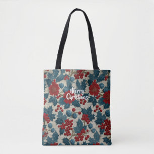Vintage Christmas Red Berry Botanical Linen Tote Bag