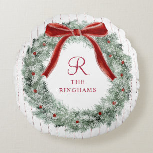 Vintage Christmas Red Bow Wreath Monogram Round Cushion