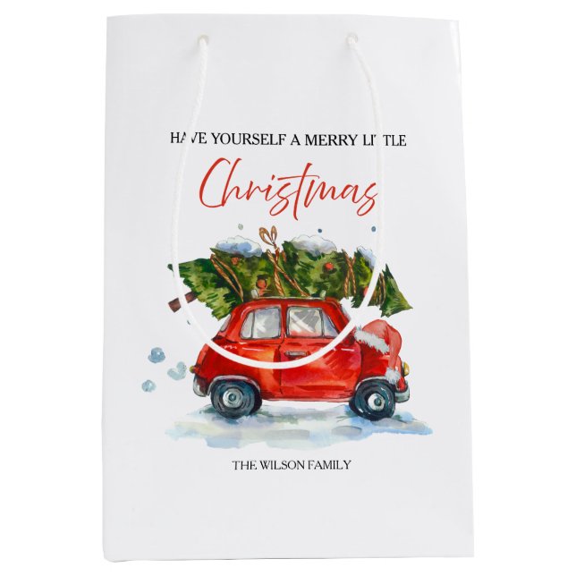 Vintage Christmas  Red Car & Tree Medium Gift Bag (Front)
