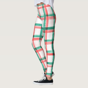 Vintage Christmas Red Green Plaid Watercolor Leggings