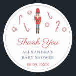 Vintage Christmas Red Nutcracker Candy Canes Favou Classic Round Sticker<br><div class="desc">Thank you stickers for any event (shown here for a Baby Shower but all of the text fields are customisable). The design features my red Nutcracker ballet wooden soldier and candy canes illustrations,  originally painted in watercolor,  before being scanned into digital form..</div>
