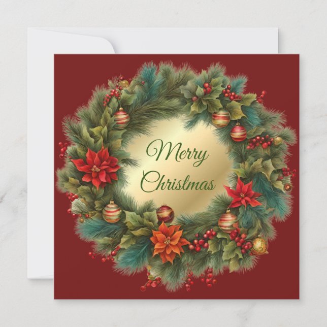 Vintage Christmas Red Poinsettia, Berries Wreath Holiday Card (Front)