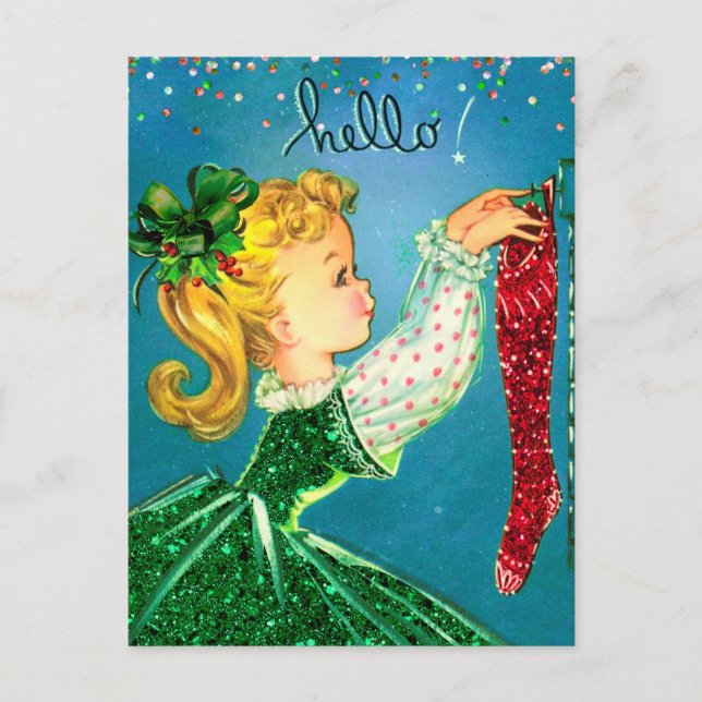 Vintage Christmas red socks glitter girl monogram Postcard (Front)