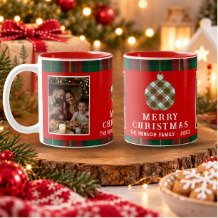 Vintage Christmas Red Tartar Plaid 2 Photos Two-Tone Coffee Mug