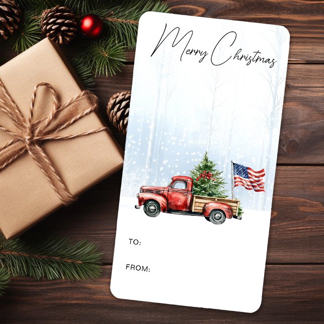 Vintage Christmas Red Truck Patriotic Flag Gift Label (Creator Uploaded)