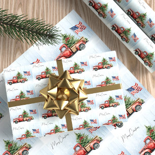 Vintage Christmas Red Truck Patriotic USA Flag Wrapping Paper Sheet