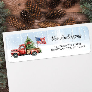 Vintage Christmas Red Truck US Flag Return Address Label