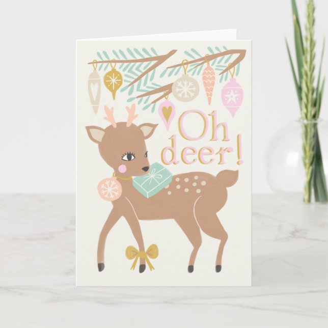 Vintage Christmas reindeer cream pink illustration Card (Front)