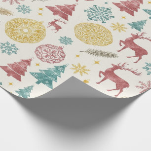 Vintage Christmas Reindeer & Ornaments Pattern Wrapping Paper