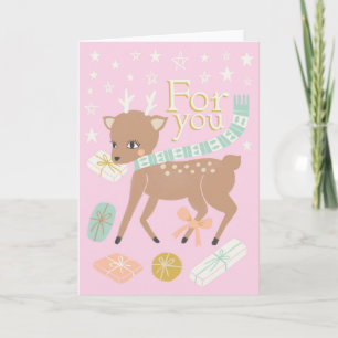 Vintage Christmas reindeer pink gold illustration  Card