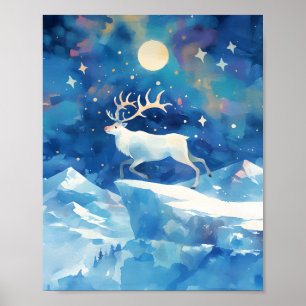 Vintage Christmas Reindeer Watercolor Painting Art Poster