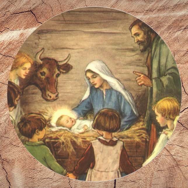 Vintage Christmas, Religious Nativity w Baby Jesus Classic Round Sticker (Creator Uploaded)