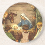 Vintage Christmas, Religious Nativity w Baby Jesus Coaster<br><div class="desc">Vintage illustration religious Christmas holiday image featuring a beautiful classic nativity family scene with Mary,  Joseph and the infant Jesus Christ in the manger in Bethlehem. A Christian religion scene with children gathered holding hands around the baby boy child.</div>