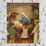 Vintage Christmas, Religious Nativity w Baby Jesus Jigsaw Puzzle<br><div class="desc">Vintage illustration religious Christmas holiday image featuring a beautiful classic nativity family scene with Mary,  Joseph and the infant Jesus Christ in the manger in Bethlehem. A Christian religion scene with children gathered holding hands around the baby boy child.</div>