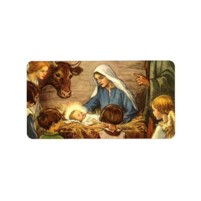 Vintage Christmas, Religious Nativity w Baby Jesus Label (Front)