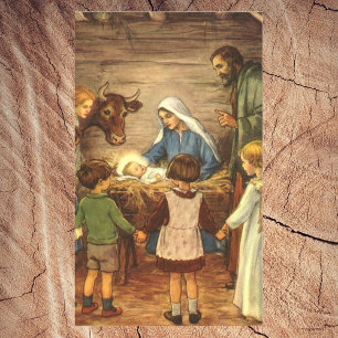 Vintage Christmas, Religious Nativity w Baby Jesus Rectangular Sticker