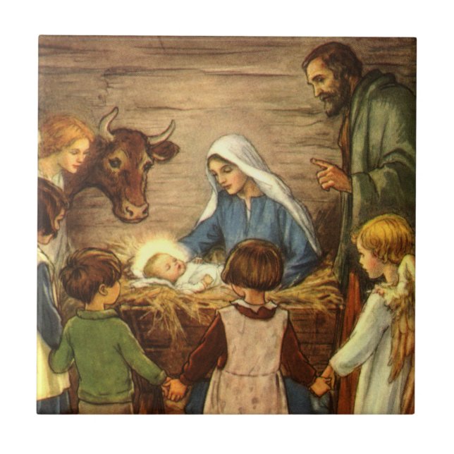 Vintage Christmas, Religious Nativity w Baby Jesus Tile (Front)