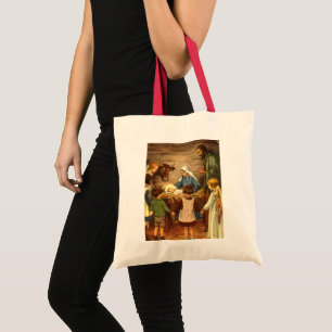 Vintage Christmas, Religious Nativity w Baby Jesus Tote Bag
