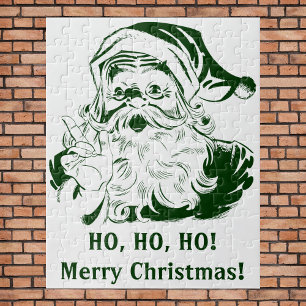 Vintage Christmas, Retro Jolly Santa Claus, Green Jigsaw Puzzle