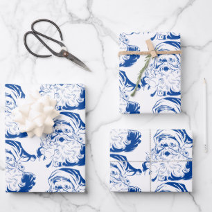 Vintage Christmas, Retro Jolly Santa Claus in Blue Wrapping Paper Sheet