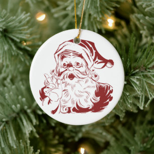 Vintage Christmas, Retro Jolly Santa Claus in Red Ceramic Ornament