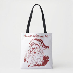 Vintage Christmas, Retro Jolly Santa Claus in Red Tote Bag