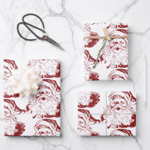 Vintage Christmas, Retro Jolly Santa Claus in Red Wrapping Paper Sheet